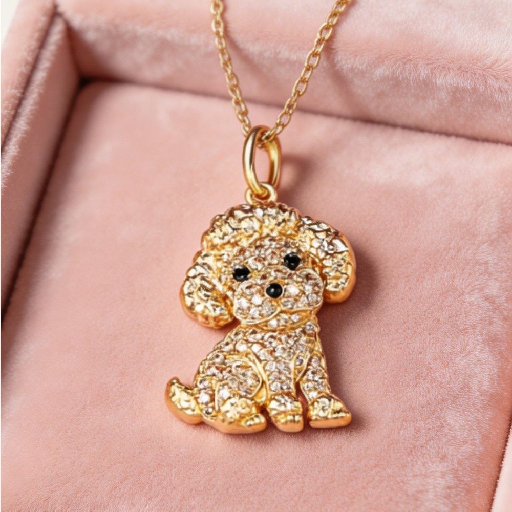 NWT Gold Poodle Sparkling Cubic Zirconia Pendant Necklace Dog Mom Glam Pet Lover